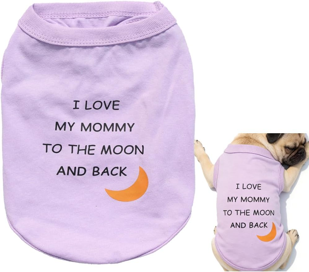 Love Mom Dog Clothing for Small Boy Dogs, I Love My Mommy to the Moon and Back Print Doggy Dress Shirts for Male Puppies Shih Tzu Maltese (Neck Girth 11.02'')