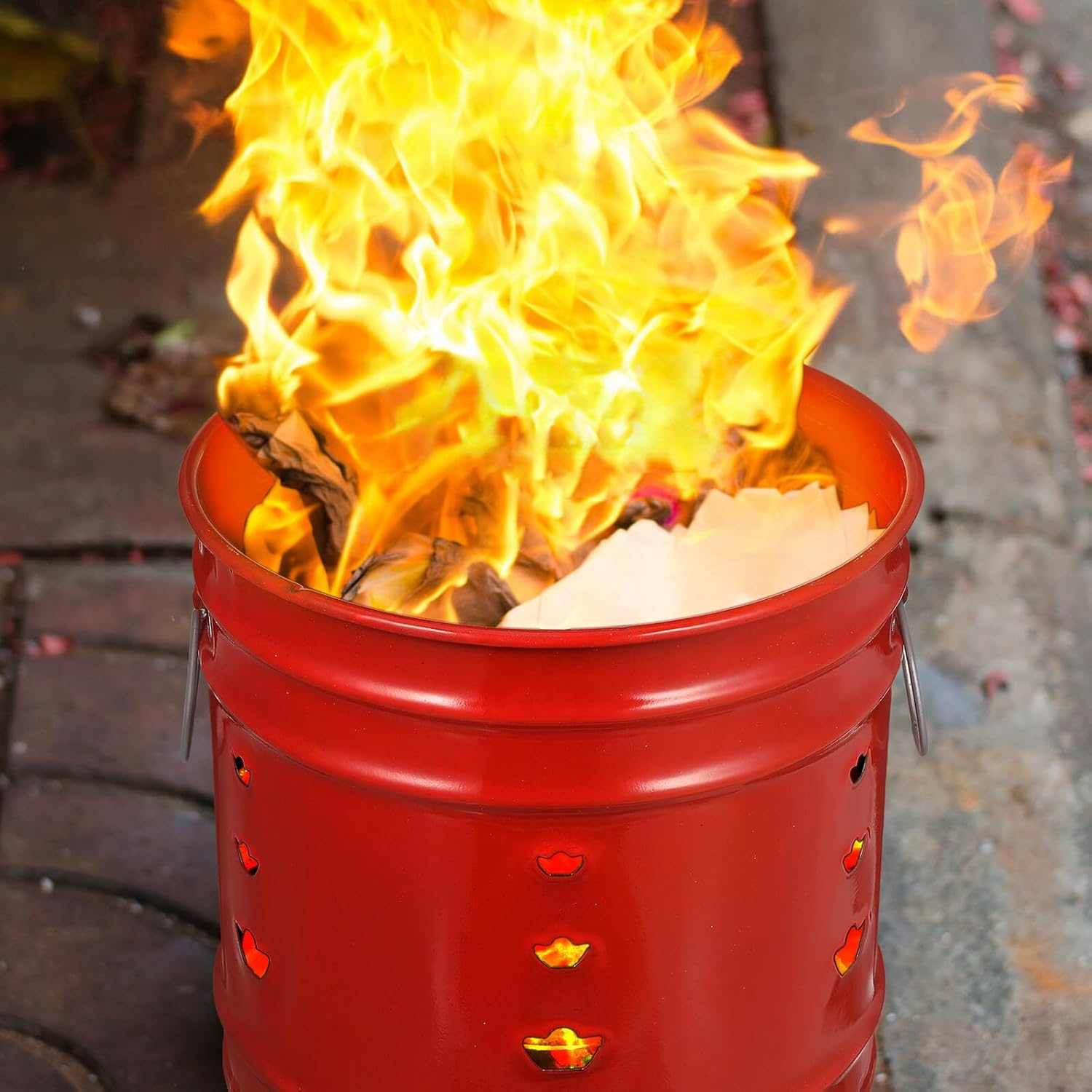 YARNOW Red Enamel Paper Money Incinerator Bucket 6# Sturdy Coating for Chinese Sacrifices, Home and Garden Burning Barrel, Professional Treasure Inviting Burn Pot Random Style image number 3