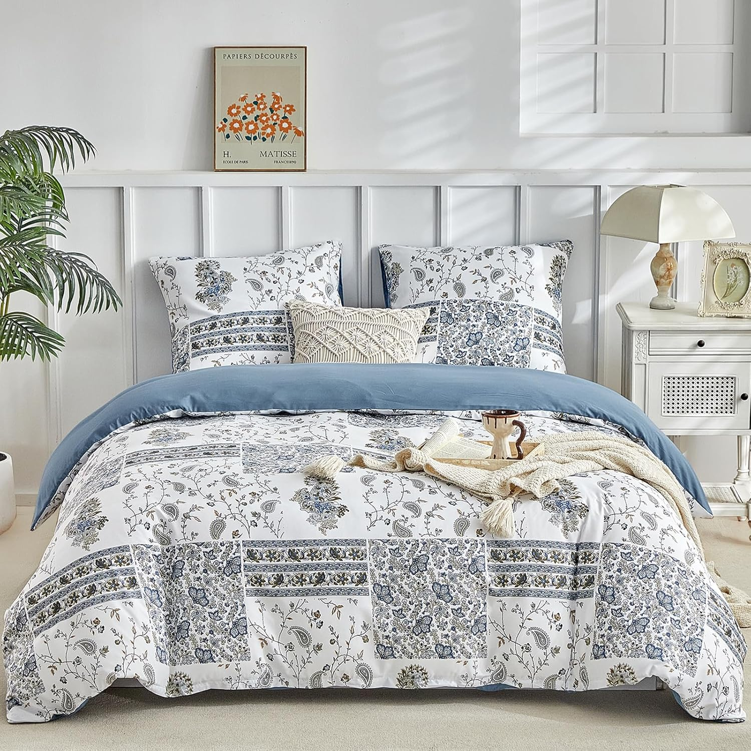 Tokokimo Duvet Cover 220 X 240 Cm with 2 Pillowcases 65 X 65 Cm - Bohemian Patchwork Floral Pattern - 100% Microfibre Bedding Set 220 X 240 Cm for Adults with Zips Blue image number 2