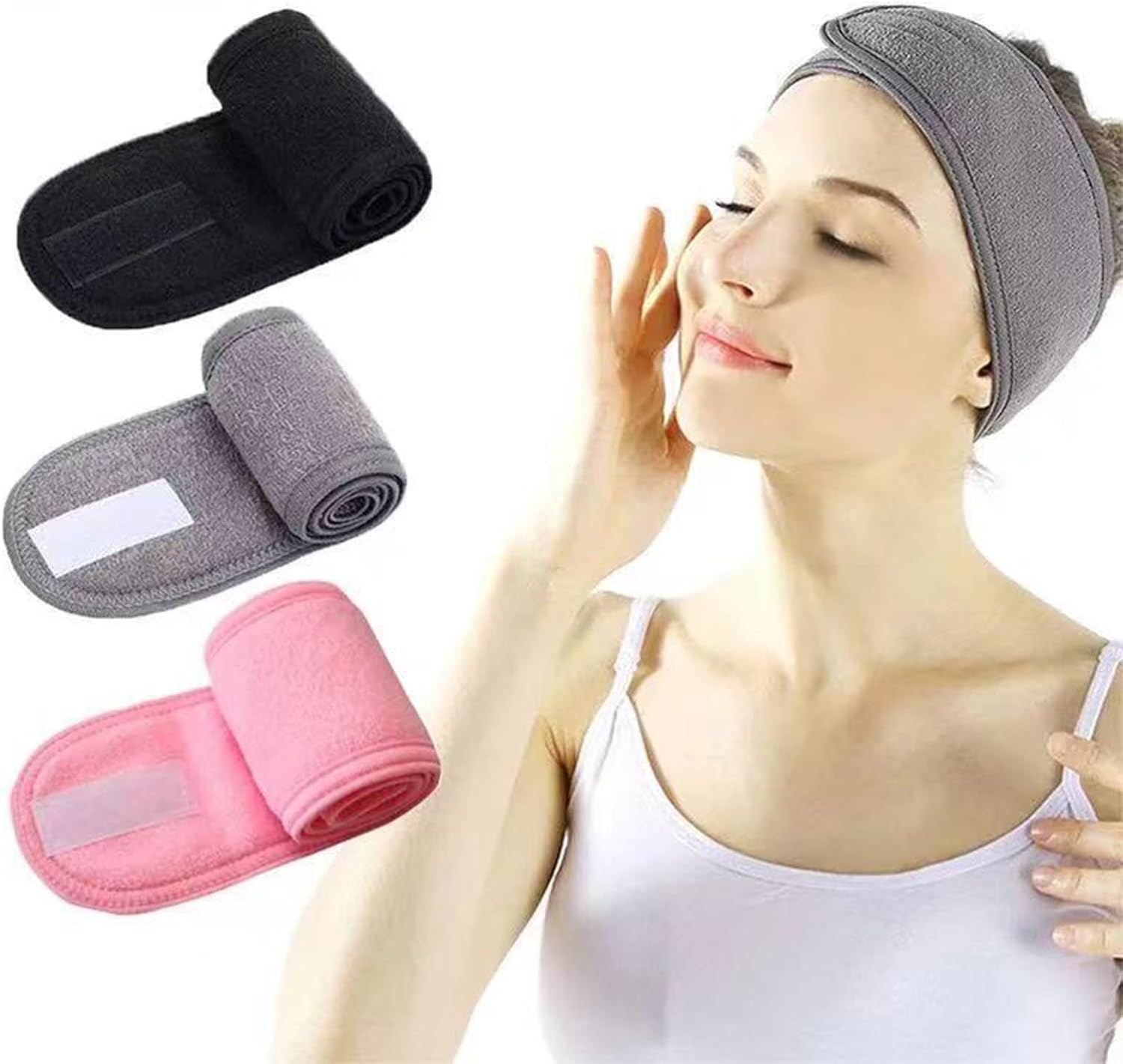 Yeanifeana 3 Pack Spa Headbands, Adjustable Soft Terry Cloth Head Wrap for Face Washing, Makeup, Shower, Facial & Yoga, Non-Slip Comfort Fit (Black, Pink, Gray)
