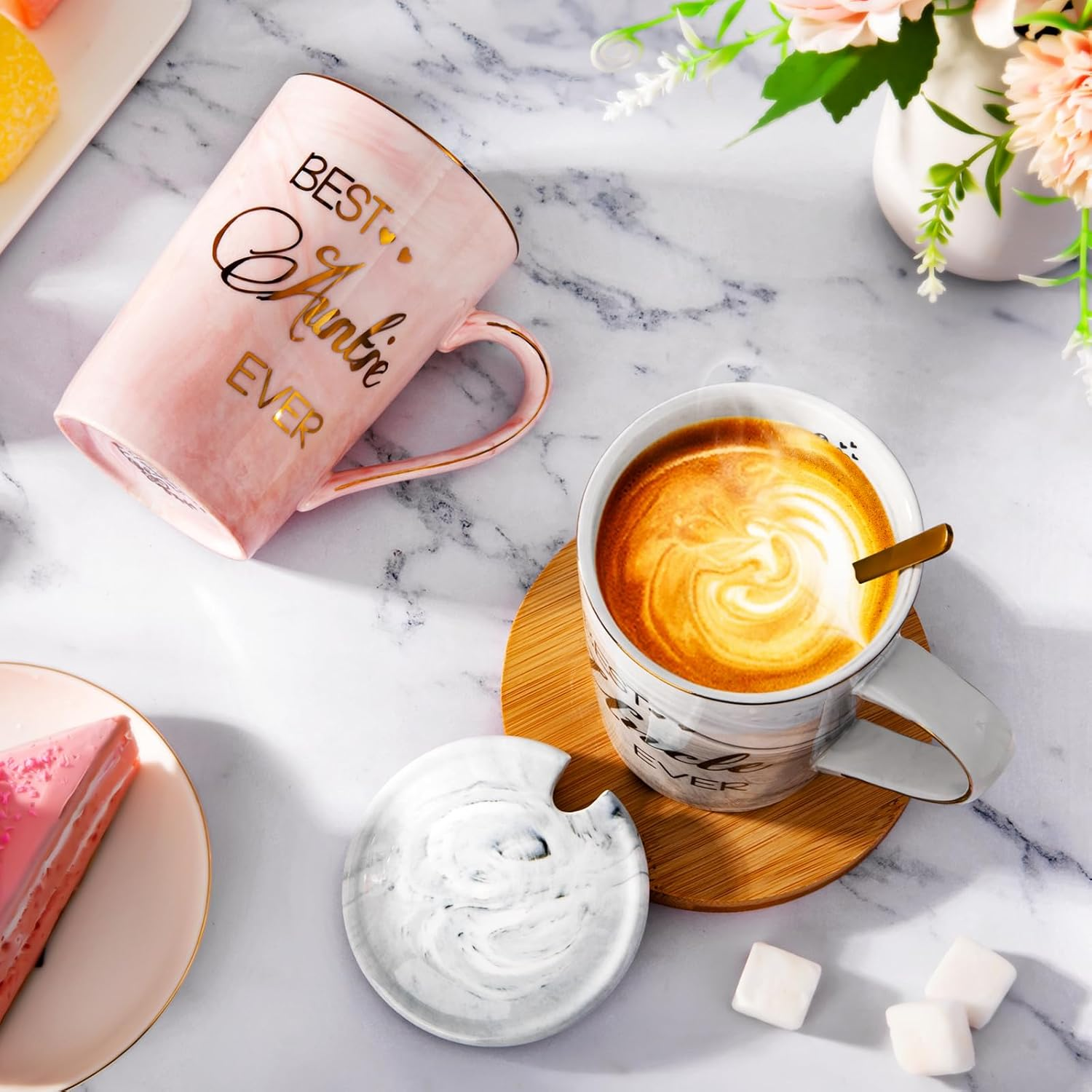 Best Aunt Uncle Ever Coffee Mug, Auntie Cup Uncle Mug, Christmas Birthday Gifts for Aunt and Uncle, Mothers Fathers Day Presents for Uncle Aunt from Nephew Niece, 14Oz Marble Gold Print Mug, Pink Grey image number 3