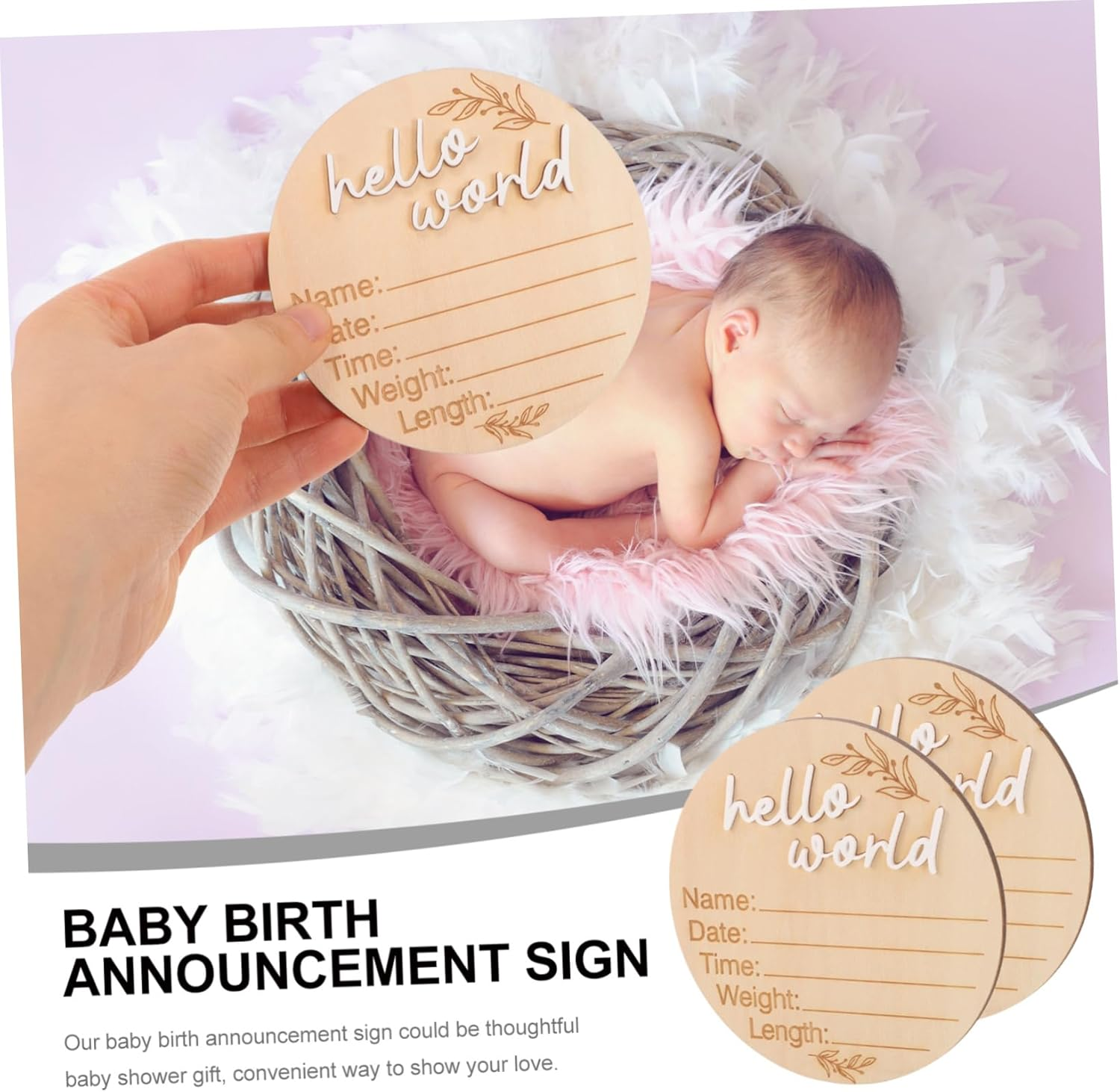 2Pcs Newborn Wooden Name Announcement Sign round Birth Milestone Plaque Celebrate Growth Smooth Polished Natural Wood Keepsake for Parties and Souvenirs
