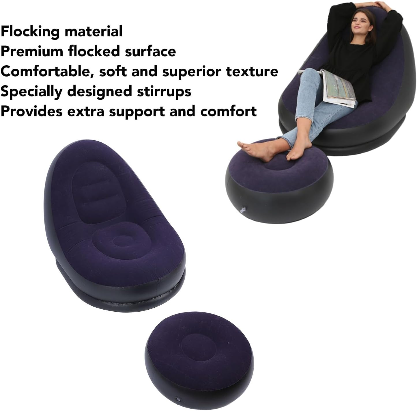 Inflatable Sofa Chair, Stylish Soft Blow up Lounger with Footstool, Ergonomic Design for Living Room, Outdoor Travel, Camping (Dark Blue) - Dark Blue image number 3