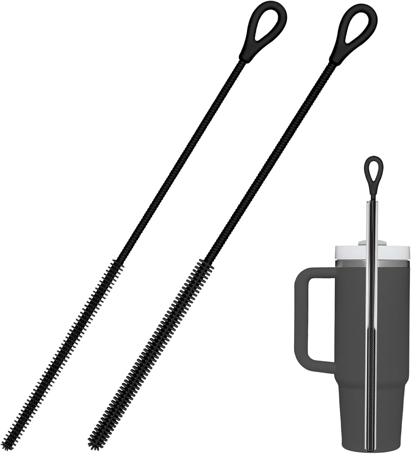 2 Pack Extra Long Silicone Straw Cleaning Brushes - Heavy Duty Reusable Straw Cleaner for Metal, Glass, Smoothie & Bubble Tea Straws - Bpa-Free Food Grade with Bendable Core (6Mm+9Mm, Black) image number 2