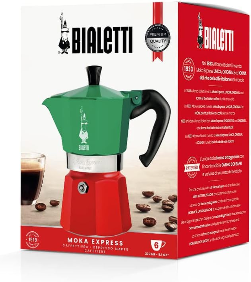 Bialetti - Moka Express Italia Collection: Iconic Stovetop Espresso Maker, Makes Real Italian Coffee, Moka Pot 6 Cups (9 Oz - 270 Ml), Aluminium, Colored in Red Green Silver image number 6