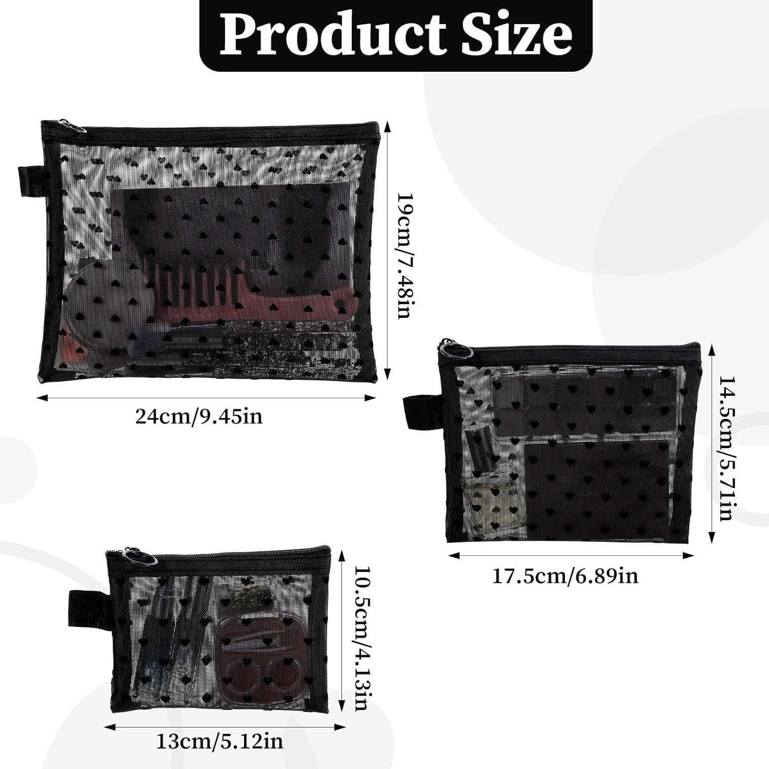 Classicseali Pack of 3 Nylon Cosmetic Bag, Mesh Bag, Small, Mini Mesh Bag with Zip, 3 Sizes Mini Toiletry Bag for Organisation, Black Cosmetic Bag Small for Travel, Storage, Home image number 5