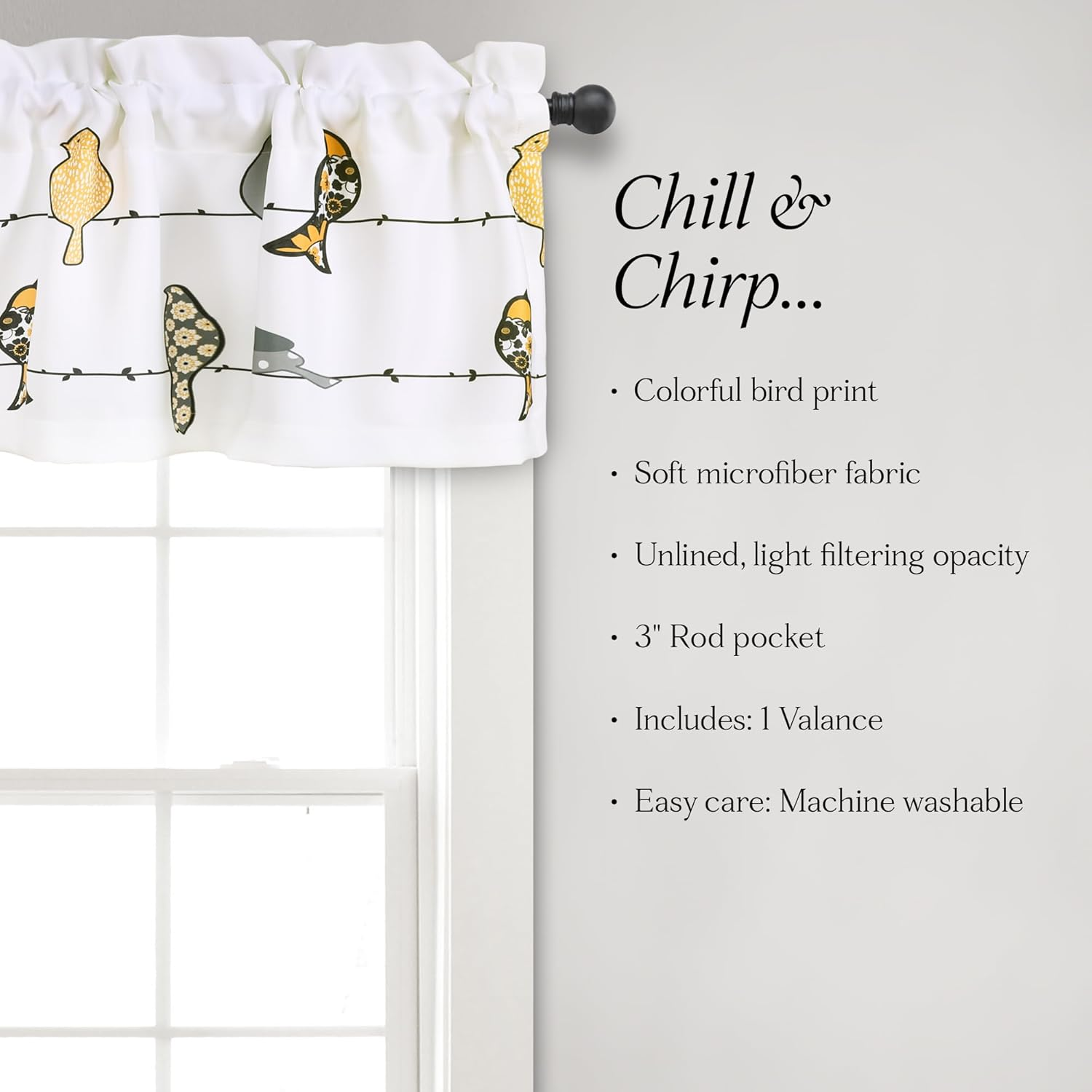 Lush Decor Rowley Birds Light Filtering Valance, Single Panel, 52" W X 18" L, Yellow & Gray - Colorful Floral Bird Pattern - Whimsical & Playful Bird Curtain - Farmhouse, Coastal, & Boho Window Decor image number 2