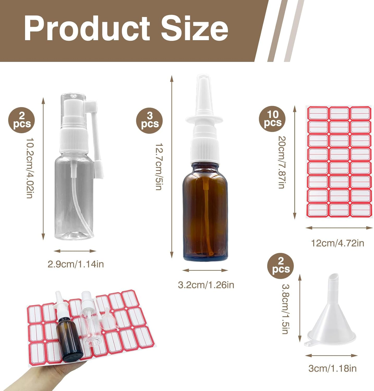 Nasal Spray Bottle, 30 Ml Dropper Bottle with Pipette, 2 Funnels and Labels, Amber Colour, Refillable, Fine Spray Mist for Homemade Cleaning Products, Air Travel or Outdoor Sports image number 2