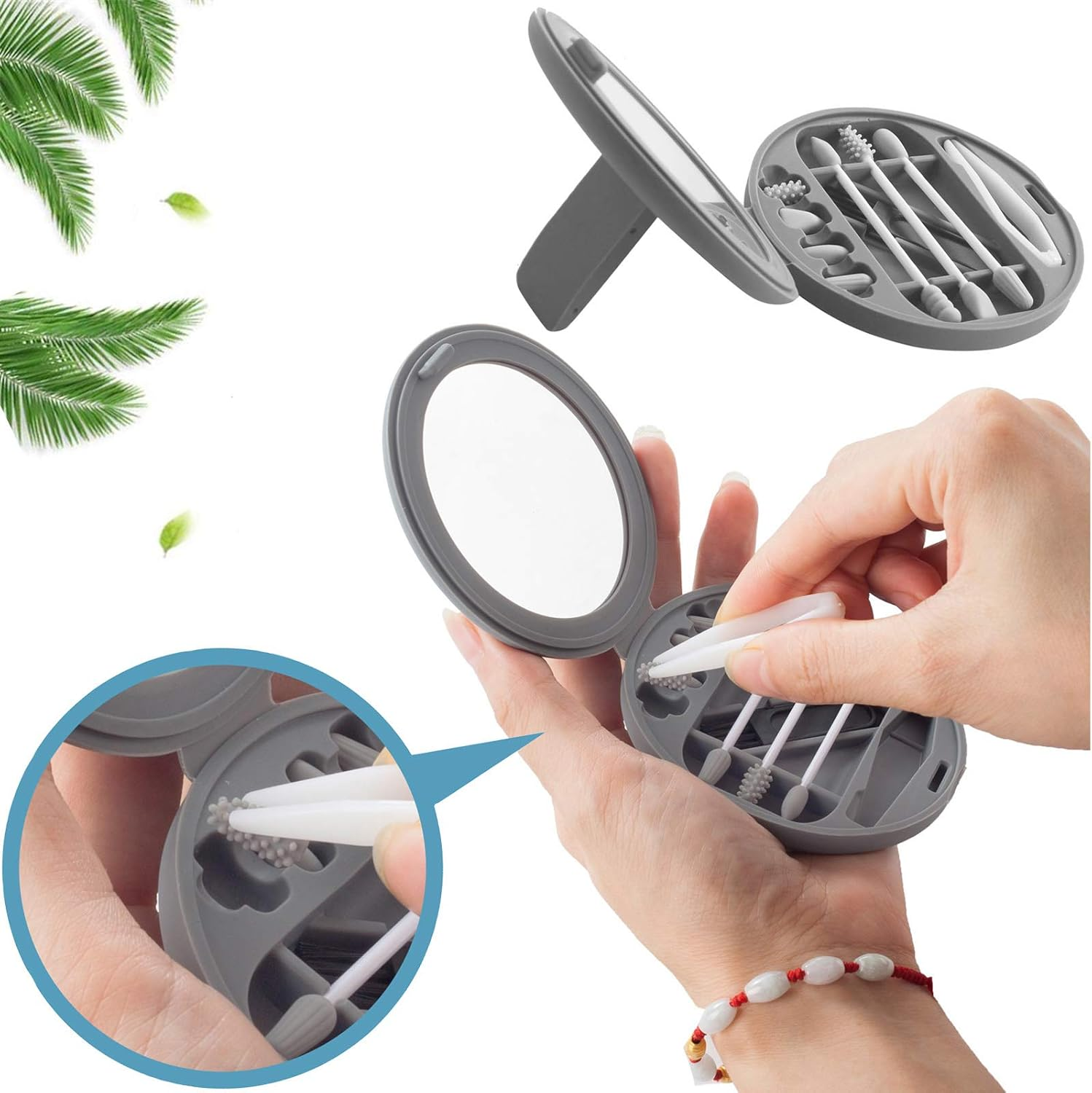 Strogem Reusable Cotton Swabs with 1 Mirror for Makeup Application and Cleaning, Multifunctional Portable Washable Silicone Q-Tip (Gray)