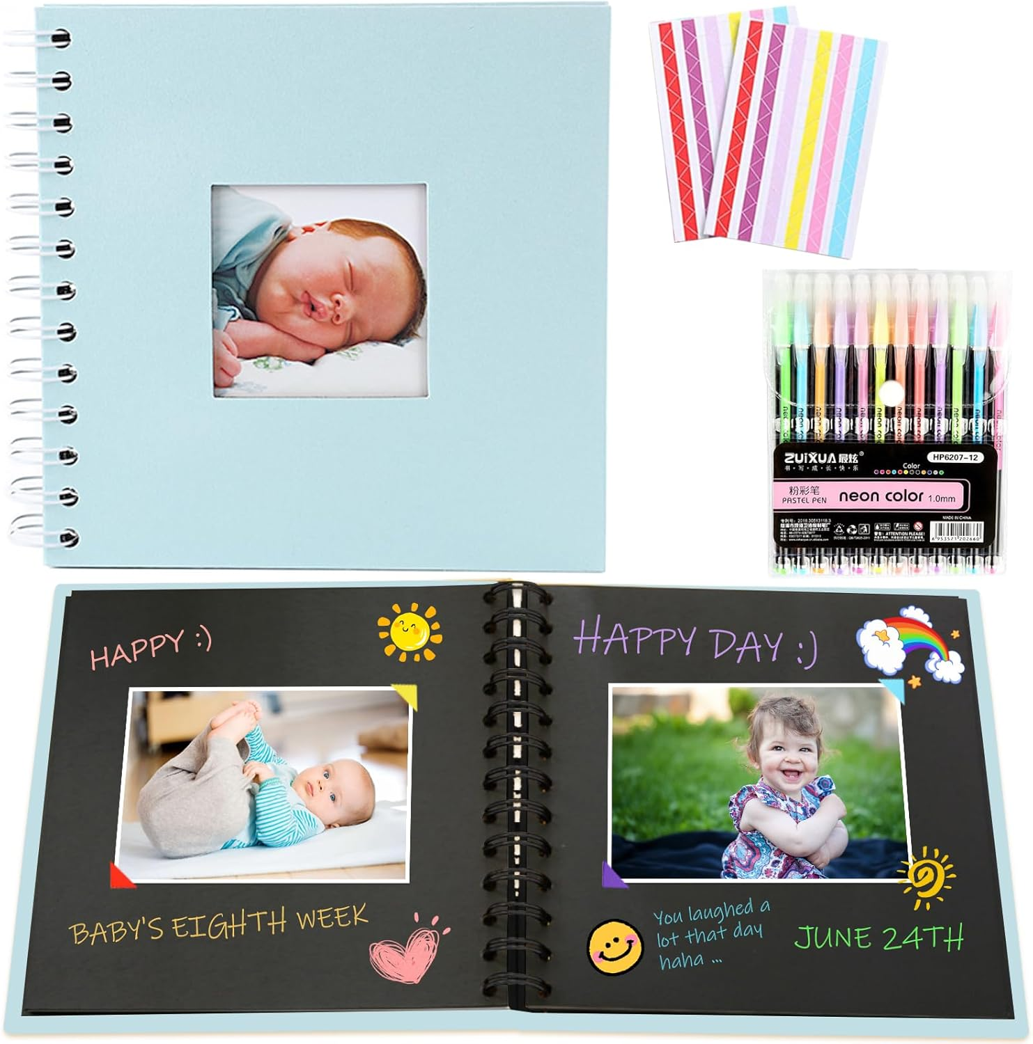 2 Pack Scrapbook Photo Album, 230Gsm Black Square Scrap Book with Colored Pencil and Corner Sticker - Ideal for Kids Adullts Baby Scrapbooking Arts Crafts Travel Adventure Couples DIY