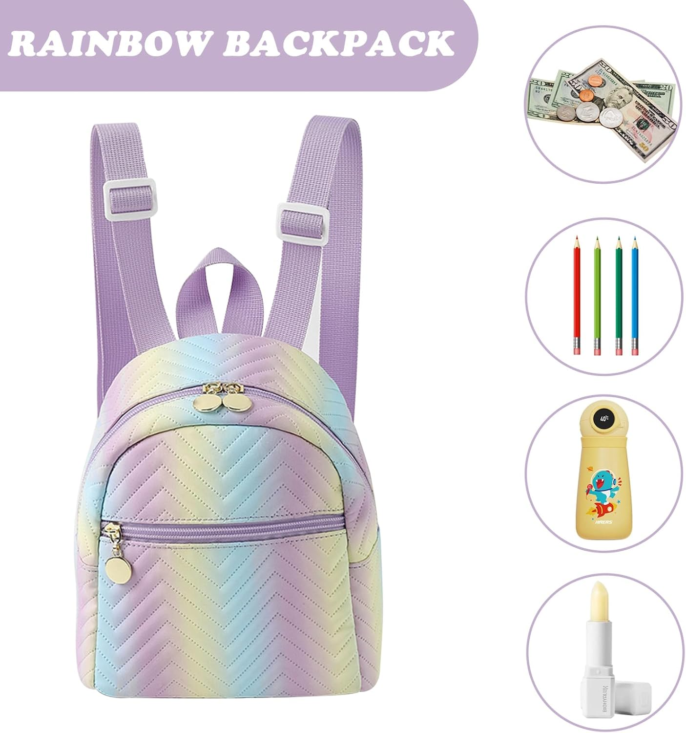 FOSDICK Girls Small Backpack, Rainbow Girls Mini Toddler Backpack, 19 X 18 X 10Cm Mini Cute School Rucksack, Adjustable Small School Bag Bookbag for Travel Kindergarten Elementary Preschool, Rainbow image number 3