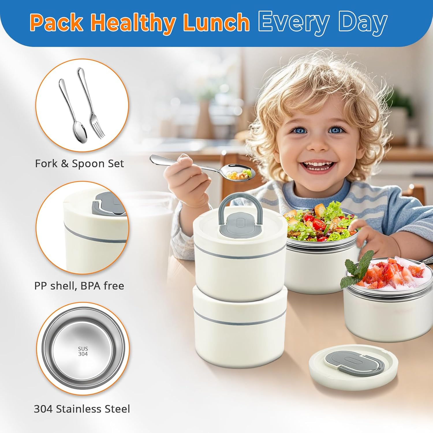 Adando Stainless Steel Lunch Box: 550Ml Microwave-Safe round Bento Lunch Box - 304 Bpa-Free Doulbe Wall Insulated Leakproof for Adults Students - Office School Beach Picnic Hiking Camping (4 Pack) image number 6