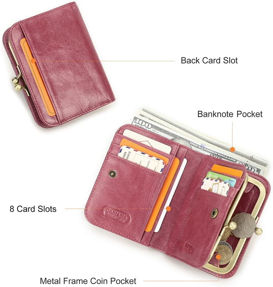 Full Grain Leather Kiss Lock Wallet for Women Kiss Clasp Coin Purse Vintage Bifold Card Holder RFID Wallet, Bean Paste Pink, Vintage - Green image number 5