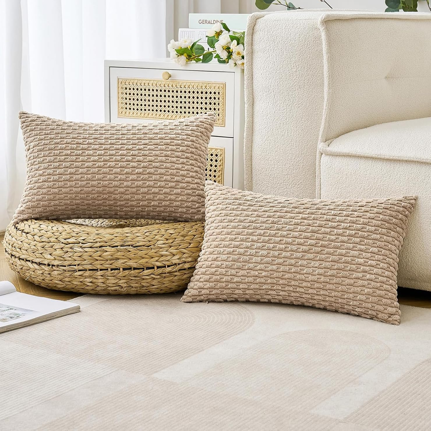 2Pcs Cushion Covers 30Cm X 50Cm, Corduroy Decorative Throw Pillow Covers Soft Boho Striped Pillow Case Modern Farmhouse Home Decor for Sofa Living Room Couch Bed (Khaki, 50Cmx30Cm) - Khaki image number 3