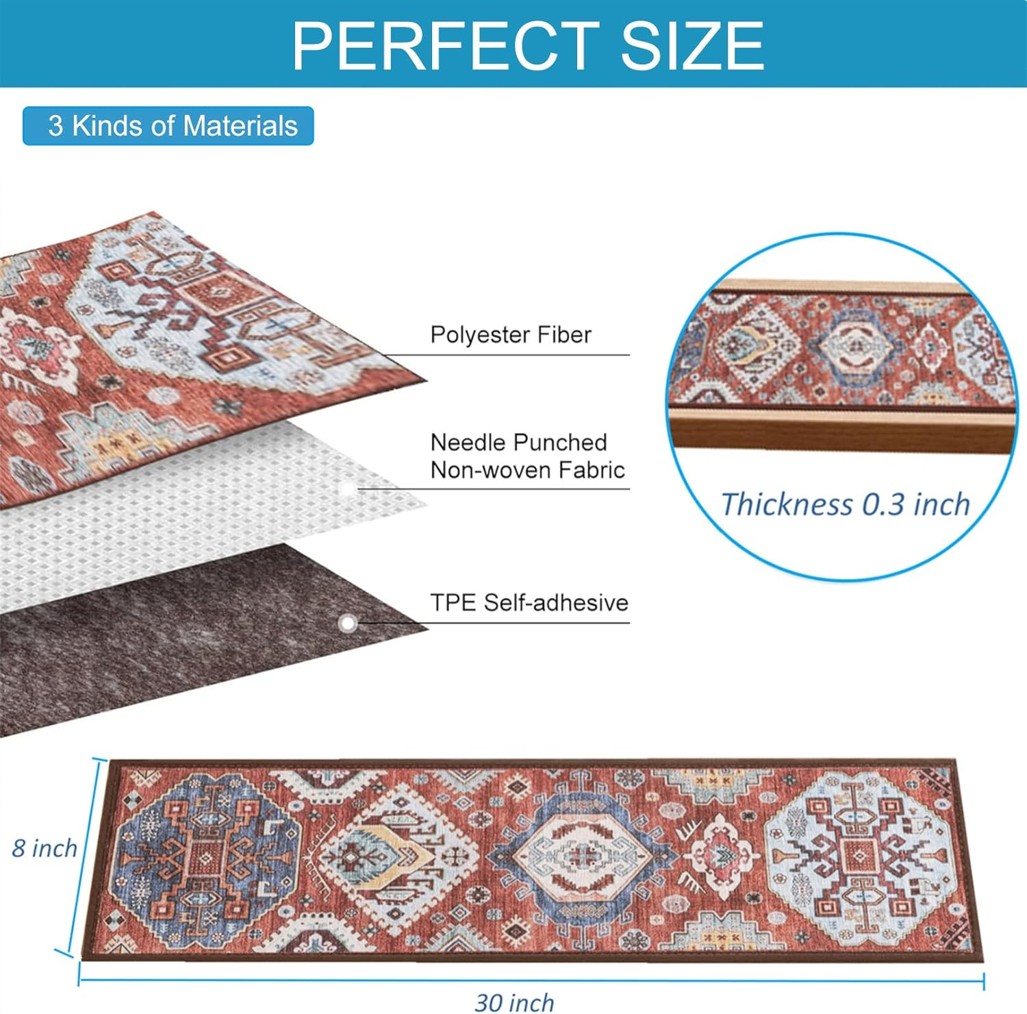 YWAQMCT Non-Slip Stair Pads, 15PCS Wood Stair Treads Carpe, anti Moving Modern Stair Rubber Mat Runner Safety for Kids Dogs, 8" X 30" (15Pcs, Red) - Brown image number 4