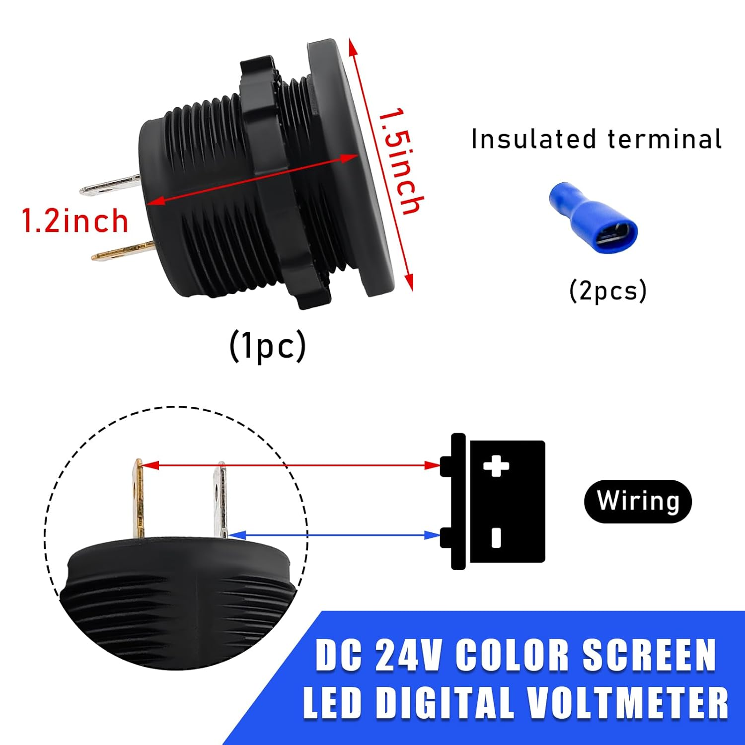2 PCS Waterproof Voltmeter for Car, DC 12V LED Digital Display Voltage Gauge with Terminals, Universal round Panel Vehicle Battery Voltage Tester for Car Motorcycle Boat image number 1
