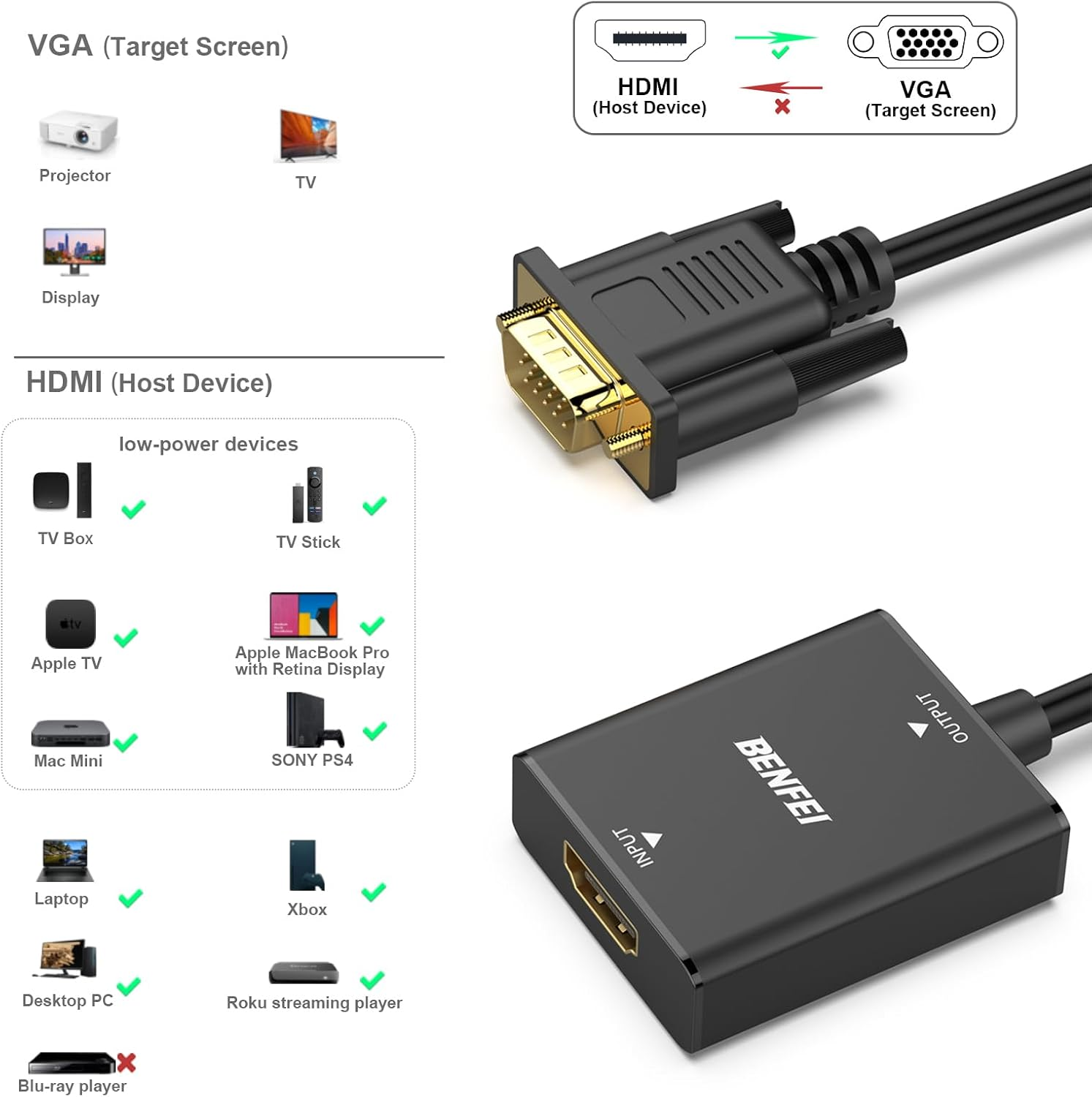BENFEI HDMI Female to VGA Male Adapter with 3.5Mm Audio Jack Plug Unidirectional HDMI Computer to VGA Monitor/Tv Adapter Compatible with TV Stick Laptop PC Raspberry Pi Roku Xbox image number 3