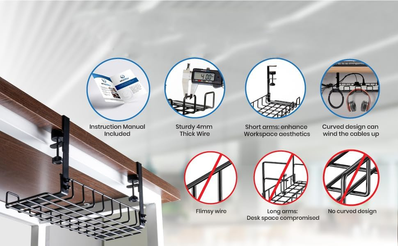 WEZCHUGHAOL under Desk Cable Management Tray, 16&rdquo; No Drill Cord Organizer with Clamps for Wire Management, 4Mm Sturdy Wire Desk Cable Organizer Tray, Cable Management Rack for Home & Office image number 4