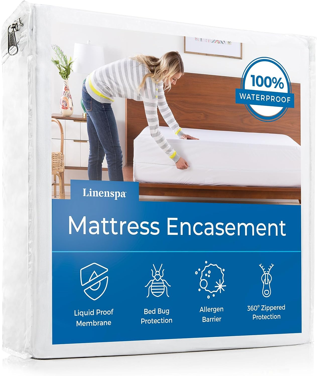 Linenspa Zippered Mattress Encasement &ndash; California King Size Waterproof Mattress Protector &ndash; Quiet Cover & Complete Protection &ndash; Dorm Room Essentials, White image number 3