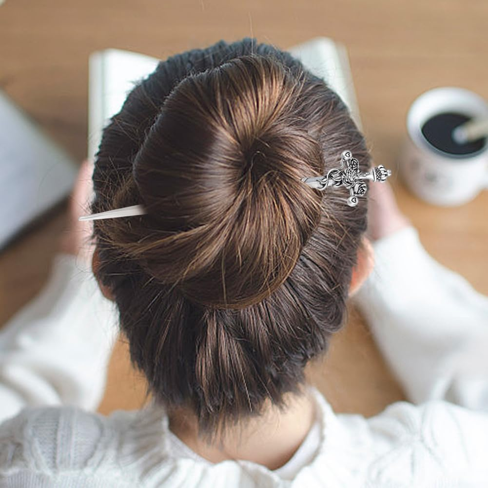 WEBEEDY 2 Styles Sword Hair Sticks Silver Rose Sword Hairpin and Snake Sword Hairpin Fashion Women Hair Pins for Buns Alloy Hair Chopsticks for Long Hair Accessories Valentine'S Day Mother'S Day Gifts image number 3