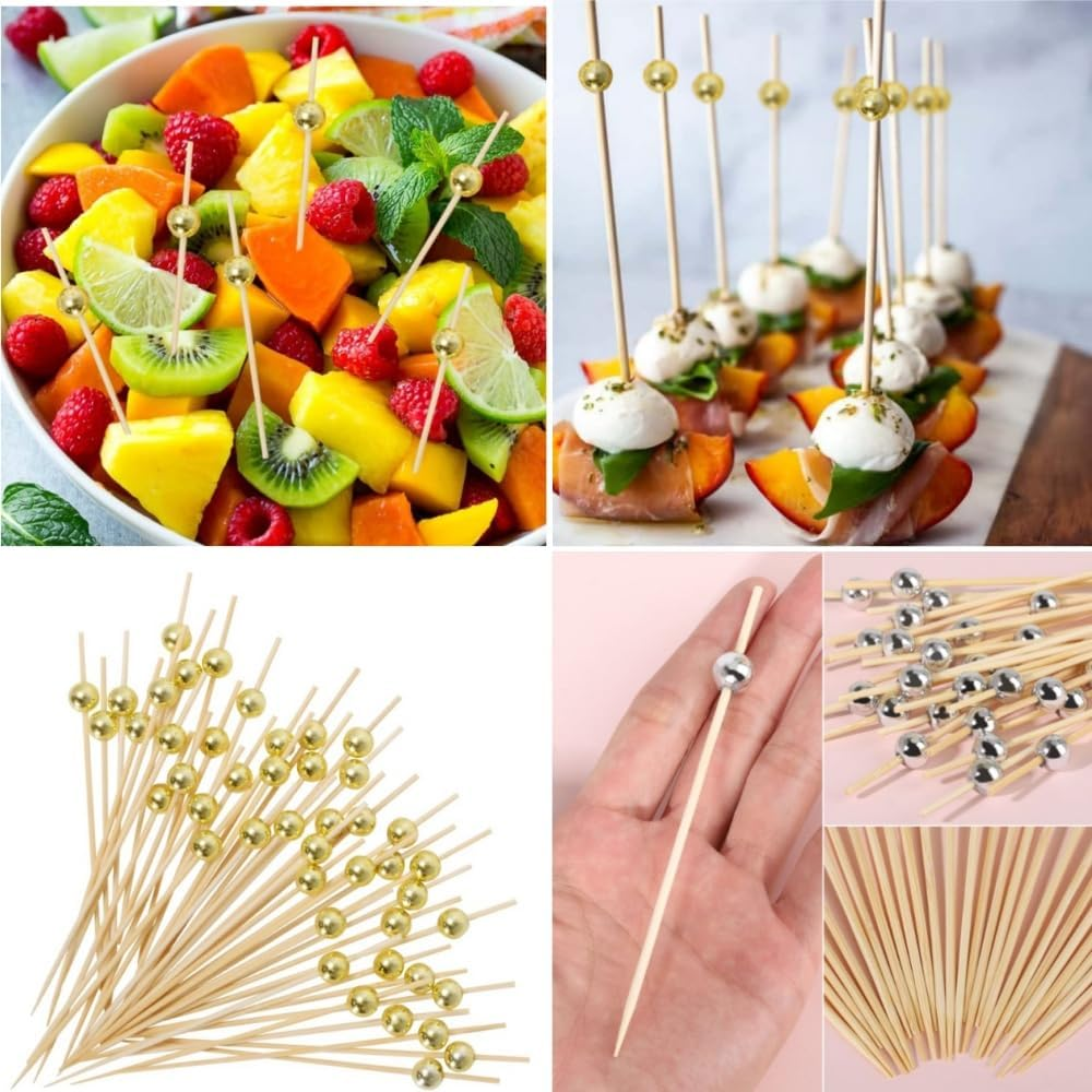 Jindizi 200PCS Cocktail Picks, Decorative Skewers for Appetizers Drinks Party Fruit, 4.7 Inch Long Wooden Bamboo Gold Ball Food Sticks Charcuterie Boards Accessories image number 4