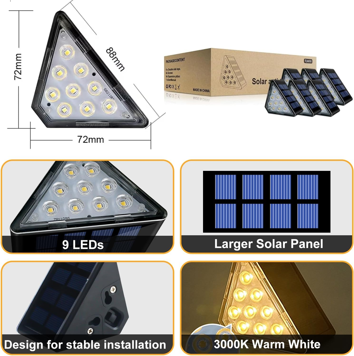 Solar Stair Lights, IP67 Waterproof Outdoor Solar Step Lights, 3000K Warm White Outdoor Solar Powered Step Lights, Dusk to Dawn Lighting Decor for Garden, Stair, Deck, Front Porch, Patio (6 Pack) image number 2