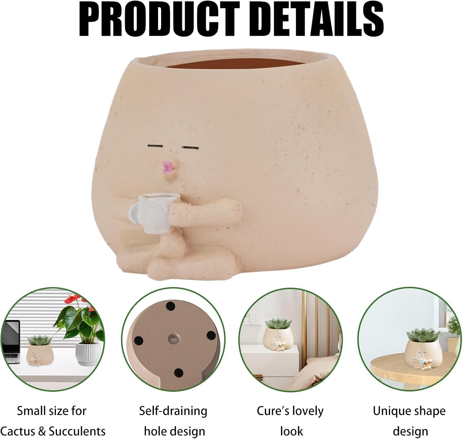 2Pcs Smiley Face Planter Pot, FHDUSRYO Cute Resin Flower Head Planters for Indoor Outdoor, Unique Sit Succulent Pots with Drainage Hole for Mothers Day, Teacher, Plant Lovers (Coffee, 14X8.5Cm) image number 4