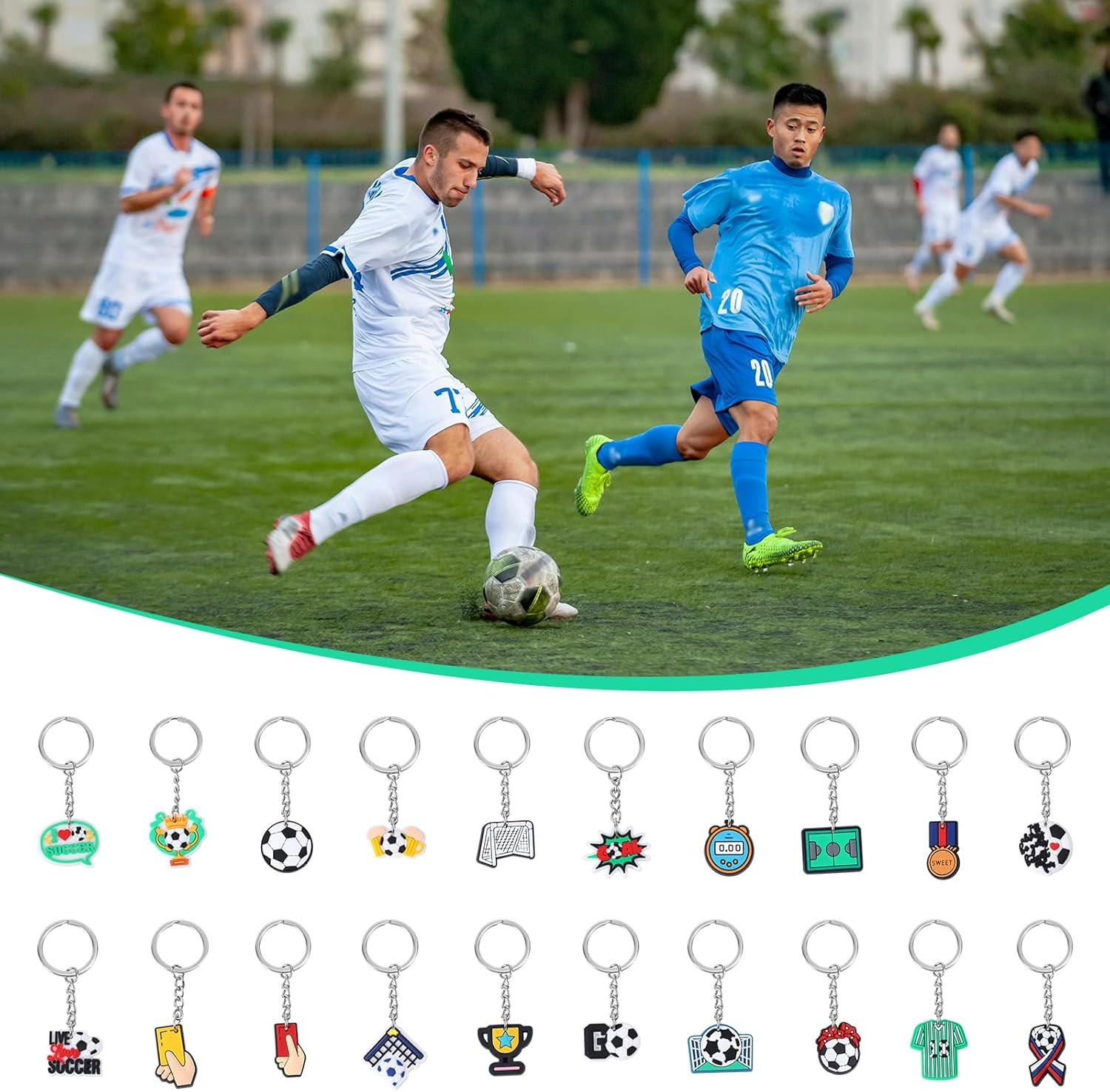 Gosknor 20Pcs Soccer Keychains, Sports Themed Soccer Ball Key Chain Assorted Soccer Goodie Bags Stuffers Football Party Favors for Kids Birthday Carnival Classroom Rewards, Multicolored image number 4