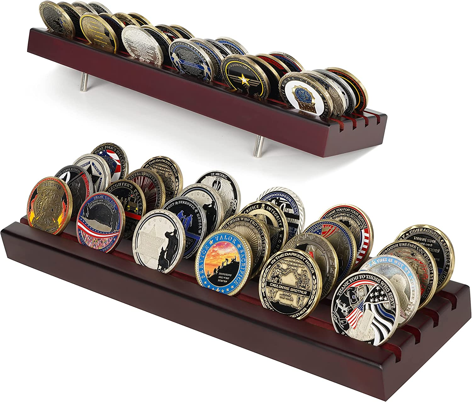 Challenge Coin Display Stand 4 Rows Wooden Military Coin Holder Rack Case Holds 30 Coins, Mahogany Finish image number 3