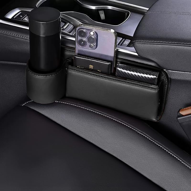 Cozioz Universal Car Seat Gap Catcher with Cup Holder &ndash; Organizer Storage for Cars, Trucks & Suvs, Stops Things from Dropping between Seats (Black, Driver + Passenger)