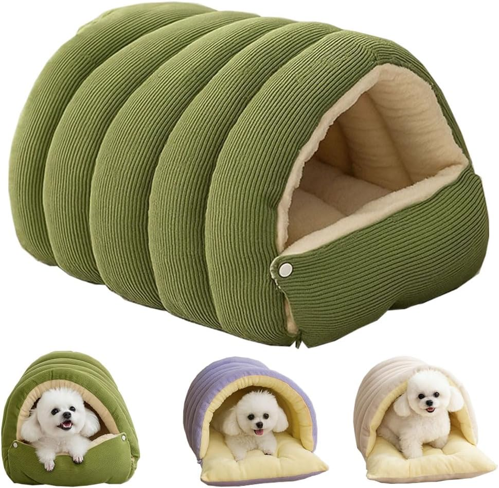 Removable and Washable Winter Closed-Off Cat Bed, Warm Cat Bed for Winter, Cotton Soft Pet Nest for Cats, Warm Cave Nest Sleeping Puppy for Cats & Small Dogs (Green, Large)