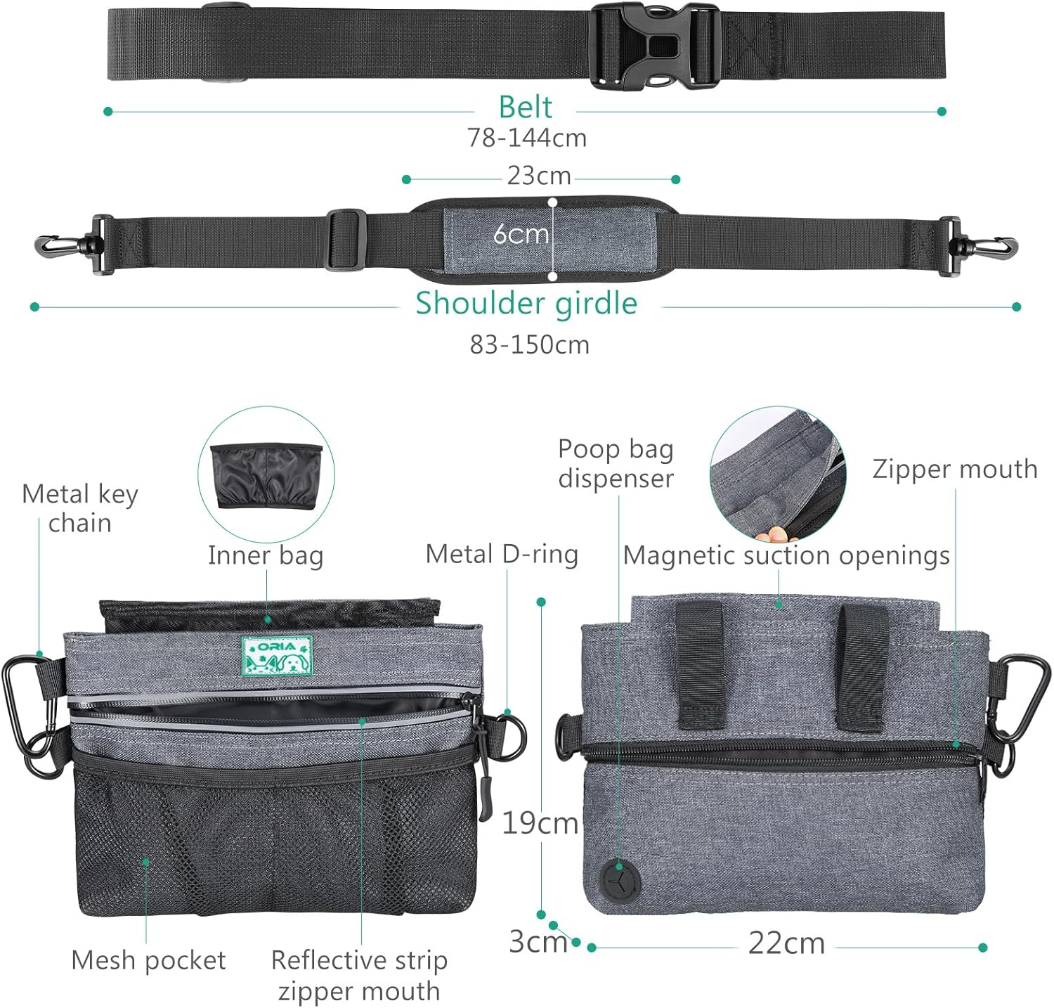 ORIA Dog Treat Training Pouch, Pet Training Bag, Dog Treat Pouch with Adjustable Belt and Removable Inner Pocket, Large Capacity Dog Food Bag for Pet Walking, Carry Pet Toys, Treats -Grey image number 5