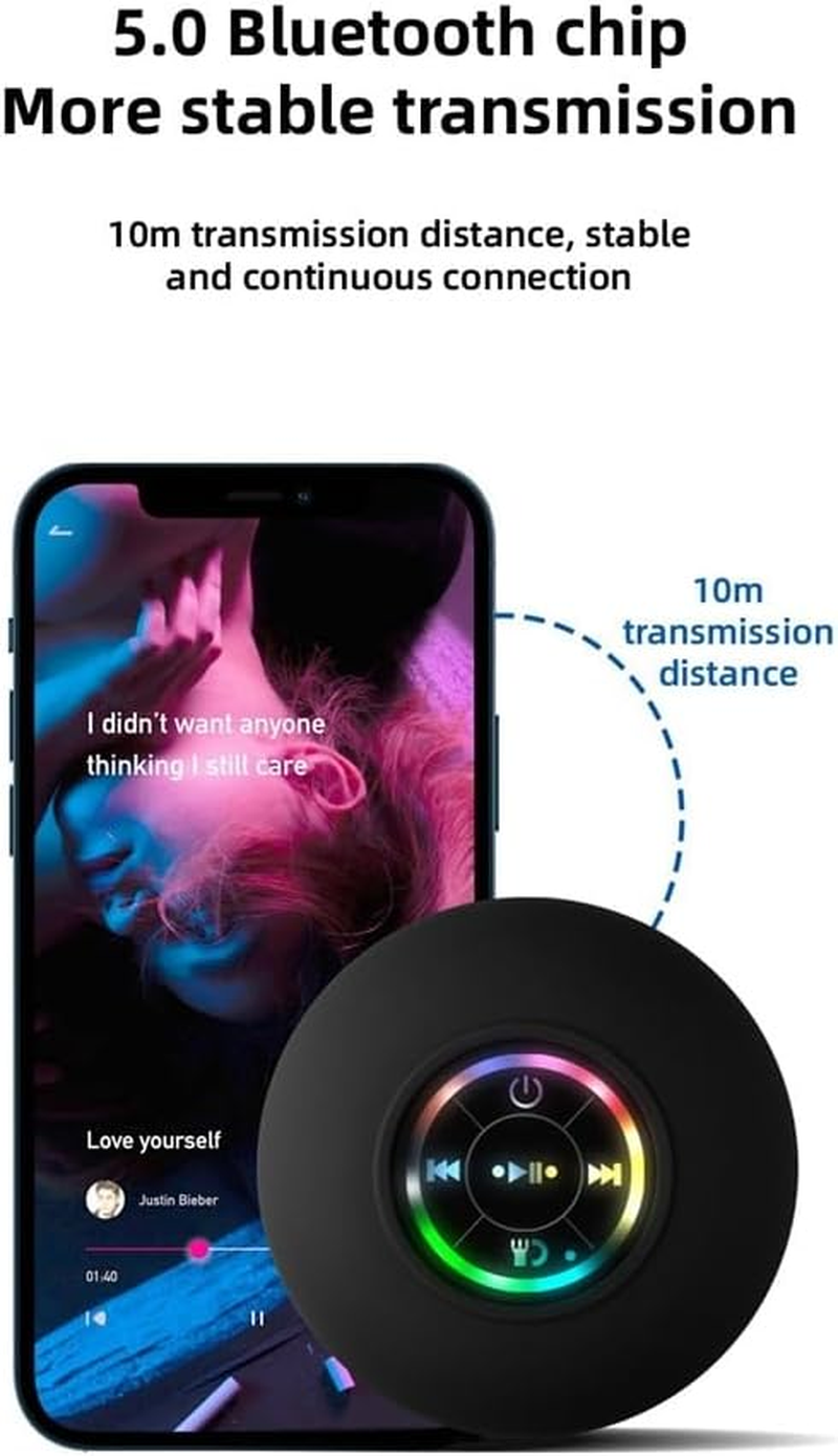 Tuperoymse 1Set Mini Bluetooth Speaker Bathroom Audio Wireless Shower Speakers RGB Light Bluetooth Suction Cup Speaker Waterproof, Black, 00344946A1 image number 6