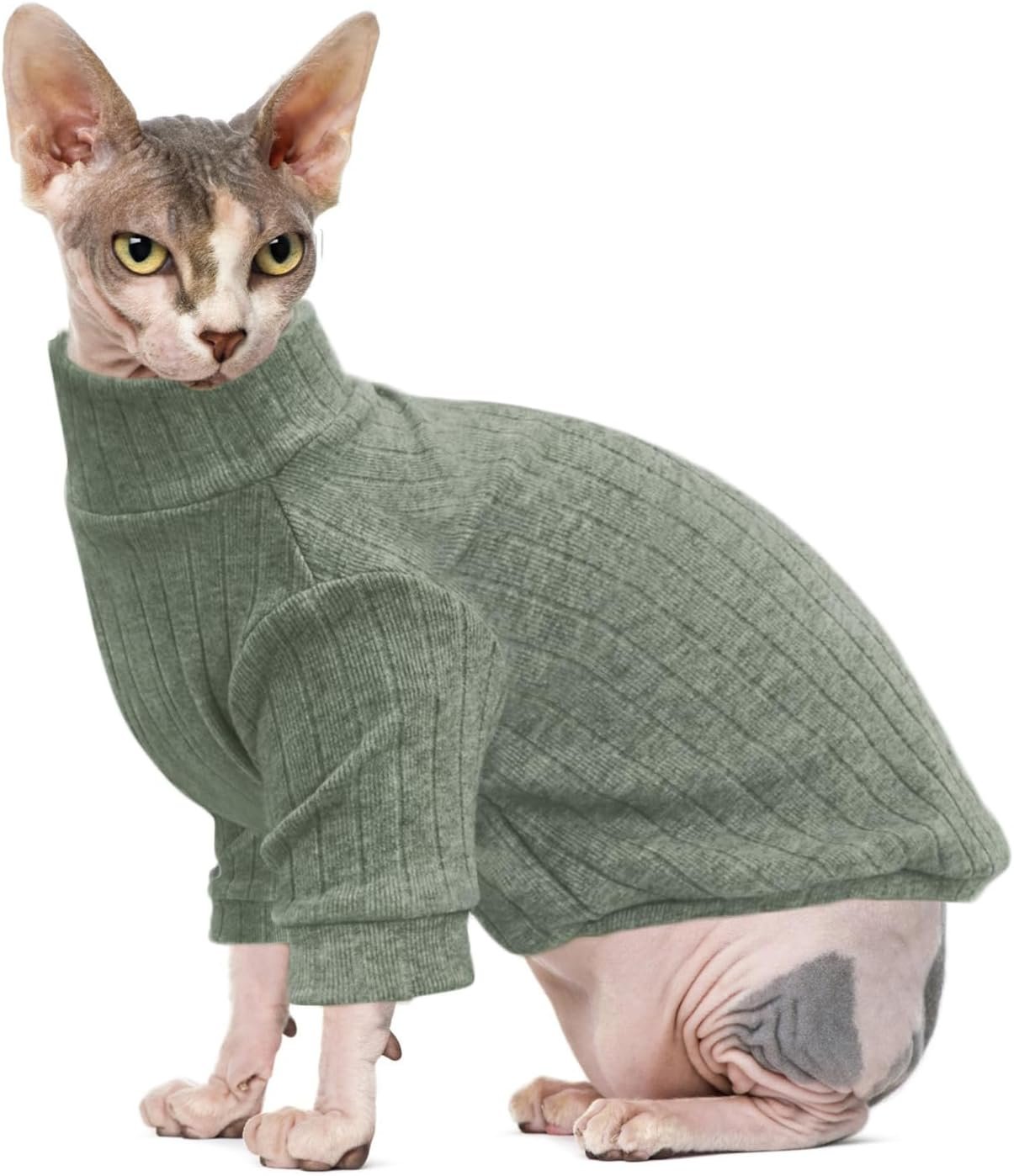 Oslueidy Sphynx Hairless Cat Vest, Turtleneck Jumper, Long Sleeve One-Piece Cat Clothing, Cat Bodysuit, Kitten Cat Jumper Shirts for Sphynx Cornish Rex Devon Rex Peterbald (Green, M) image number 1