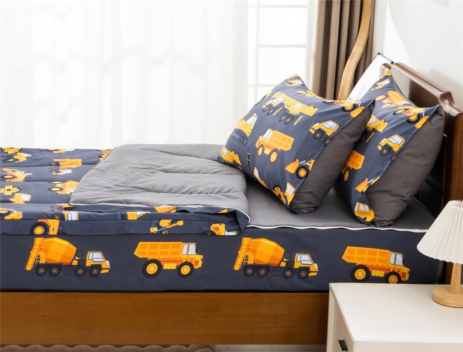 Meeting Story 3Pcs Kids Comforter Sets Zipper Bedding Set for Boys,Twin Kid Bedding Set Car Comforter Construction Bedding for Kid,All in One Zipper Bedding（Grey,Twin） image number 4