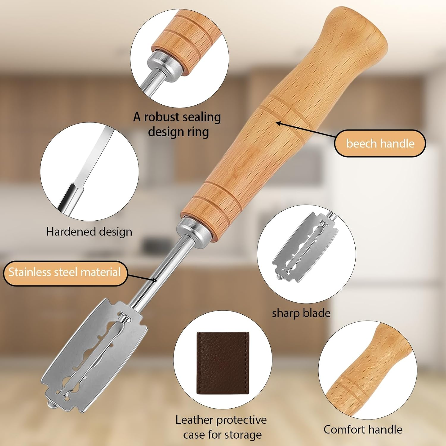 Dough Whisk, Danish Dough Whisk with 5 Blade Bread Lame and Leather Case, Medium Dual Loop Mixer for Sourdough, Cake Batter, Thick Dough, Baking Essentials Kit