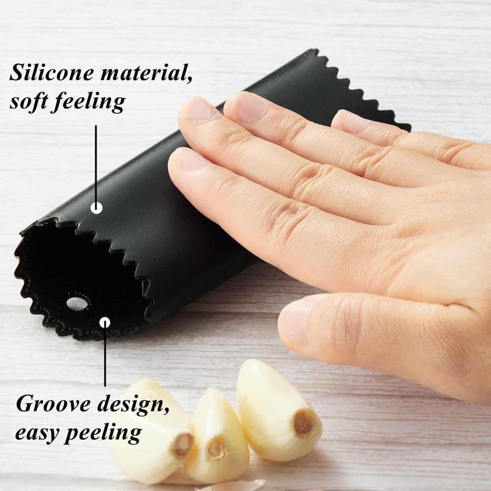 Garlic Press Mincer Crusher Peeler Chopper Garlic Puree Mashed Maker with Silicone Peeler Roller and Cleaning Brush,Zinc Alloy Heavy Soft-Handled 17X4.5Cm Silver image number 1
