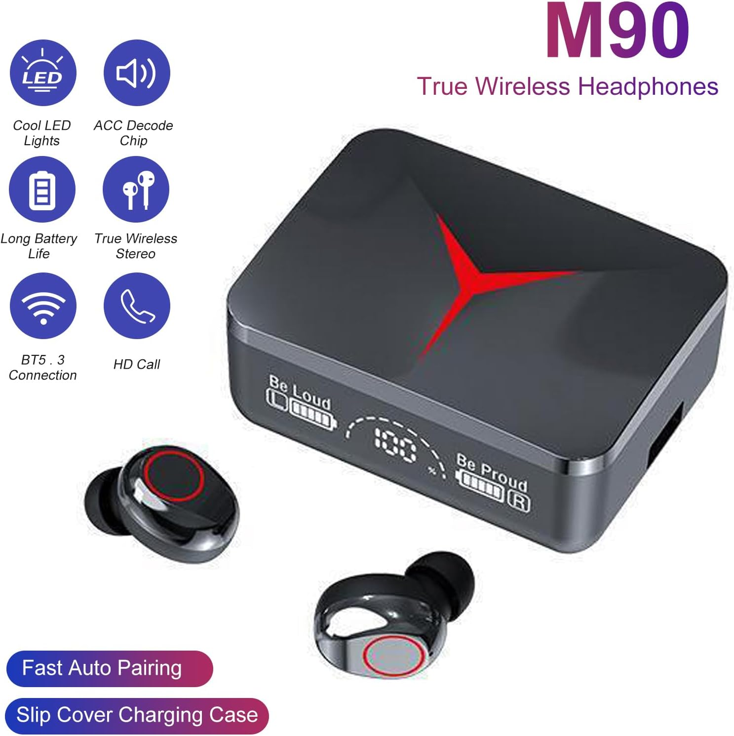 M90 Wireless 5.3 Sport Earbuds with LED Power Meter Portable Charger Case Touch Control 5H Playtime Dual Mic Ergonomic Fit Black image number 6