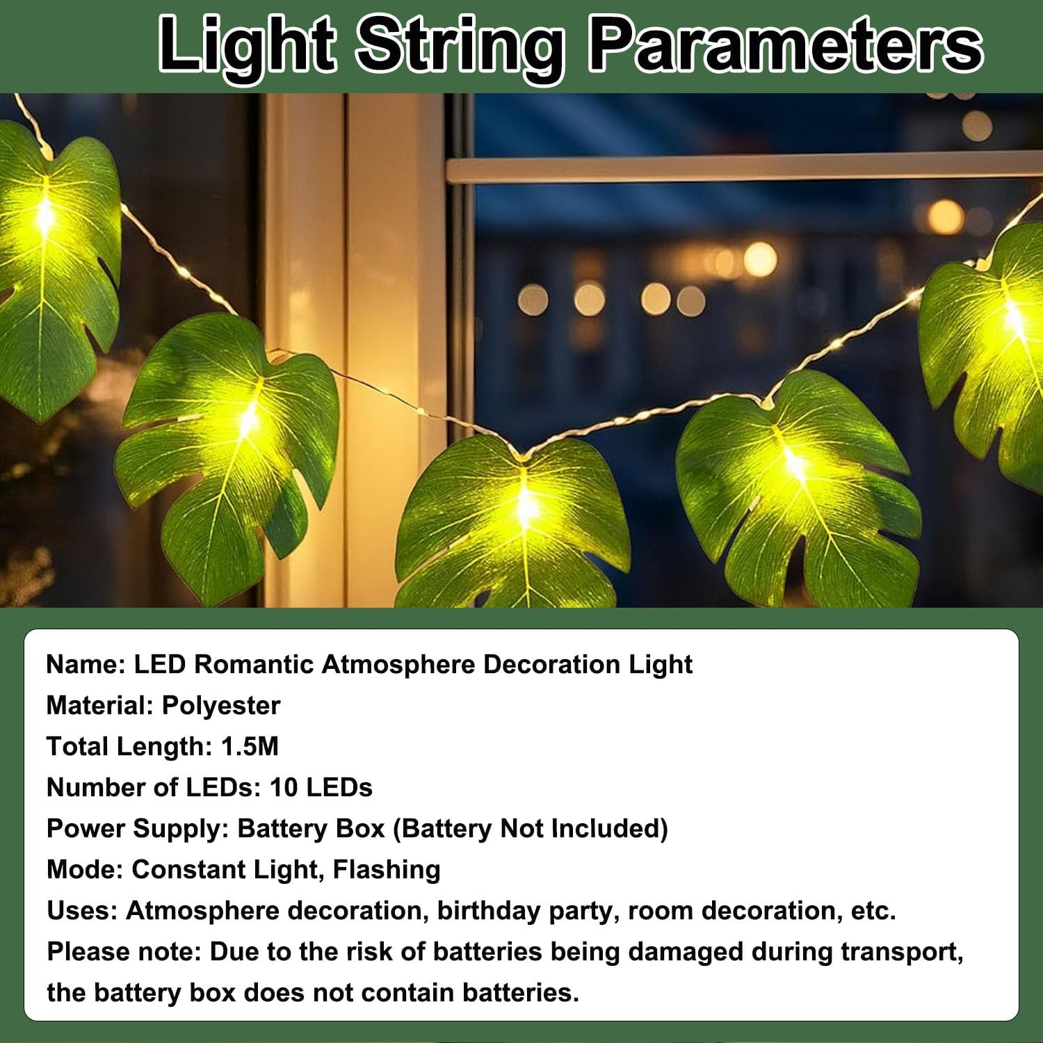 Foanlerck Fairy Lights Palm Leaves 1.5 M 10 LED Monstera Leaf Fairy Lights Battery Operated Tropical Artificial Rattan Palm Leaves for Room Beach Party Decoration image number 1