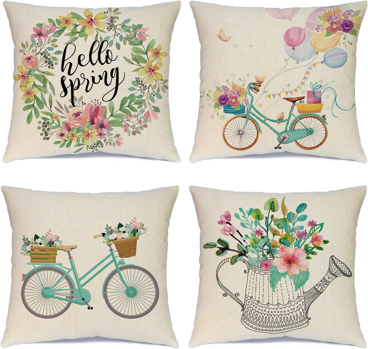 Spring Pillow Covers 18X18 Spring Decorations Set of 4 Decorative Pillow Cases Hello Spring Bicycle Butterfly Cotton Linen Holiday Throw Cushion Covers for Spring Season'S Home Farmhouse Decor