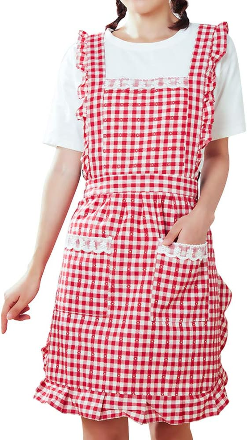 Gudgmtoy Cute Kitchen Aprons for Women with Pockets Adjustable Chef Apron Ladies Baking Cotton Frilly Aprons Pinafore Dress for Baking Cooking Mother Girls Birthday Gift Red, Red, F image number 2