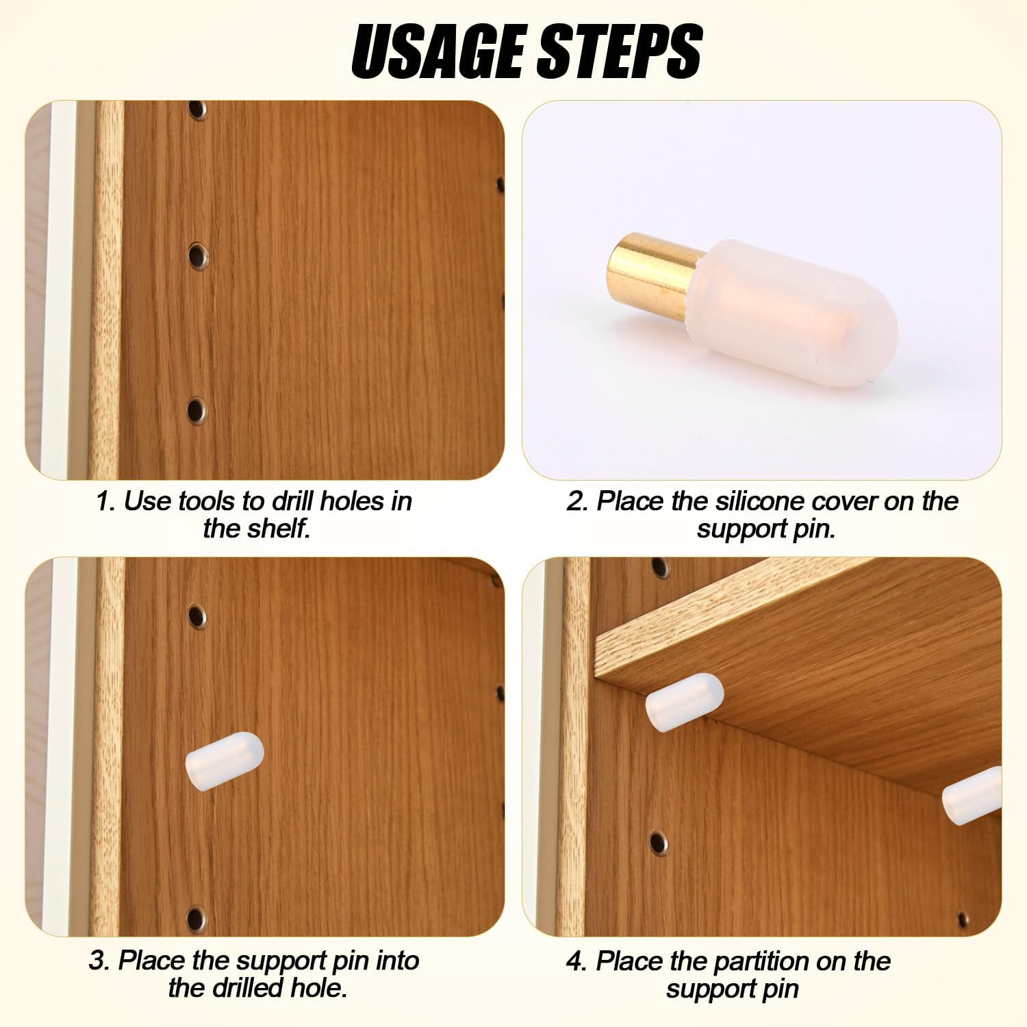 10Pcs Shelf Pegs, 5Mm 1/4 Inch Brass Shelf Support Pegs with 20 Anti-Slip Silicone Covers Bookcase Shelf Pins Cabinet Shelf Pegs for Bookshelf Wood Glass Boards