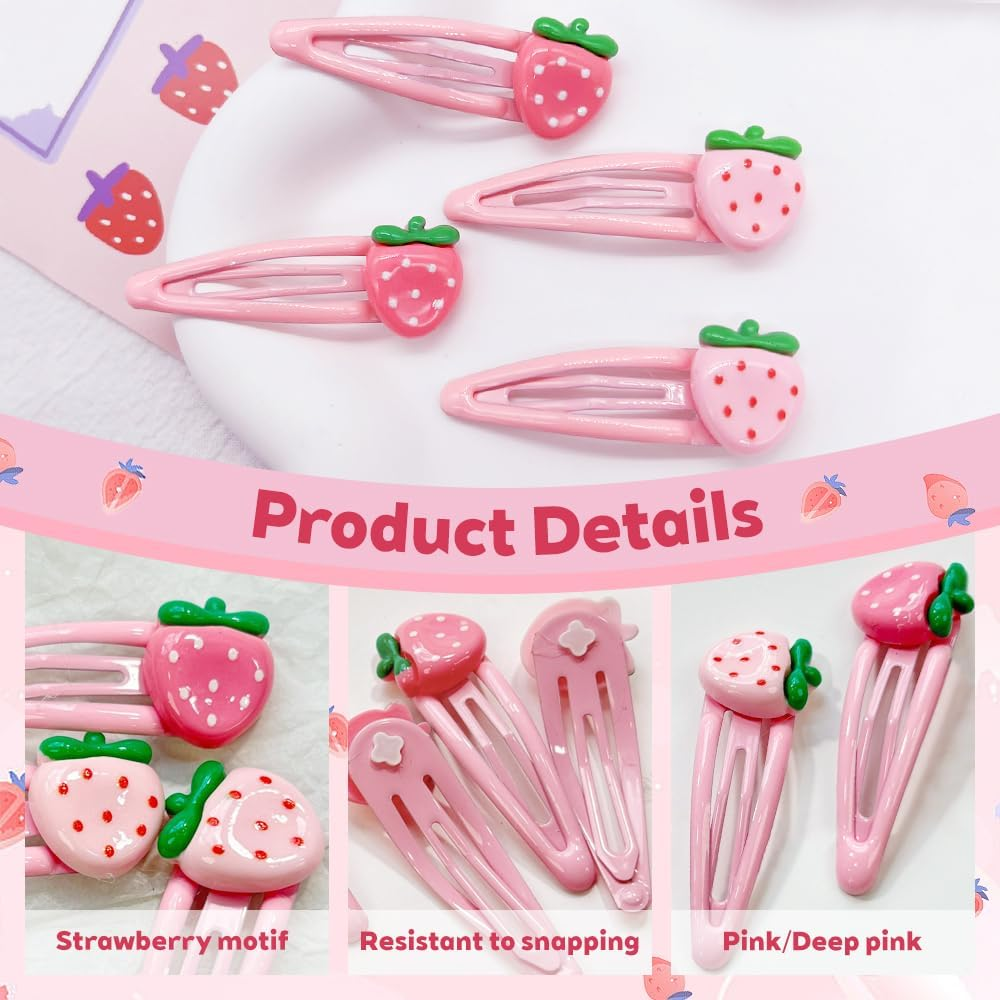 TRKETK 12 Pcs Strawberry Hair Clips, Pink Fruit Hairpin Metal Snap Hair Clips Y2K Retro Strawberry Accessories Sweet Gift Decorative for Everyday Styling (Three Colors)