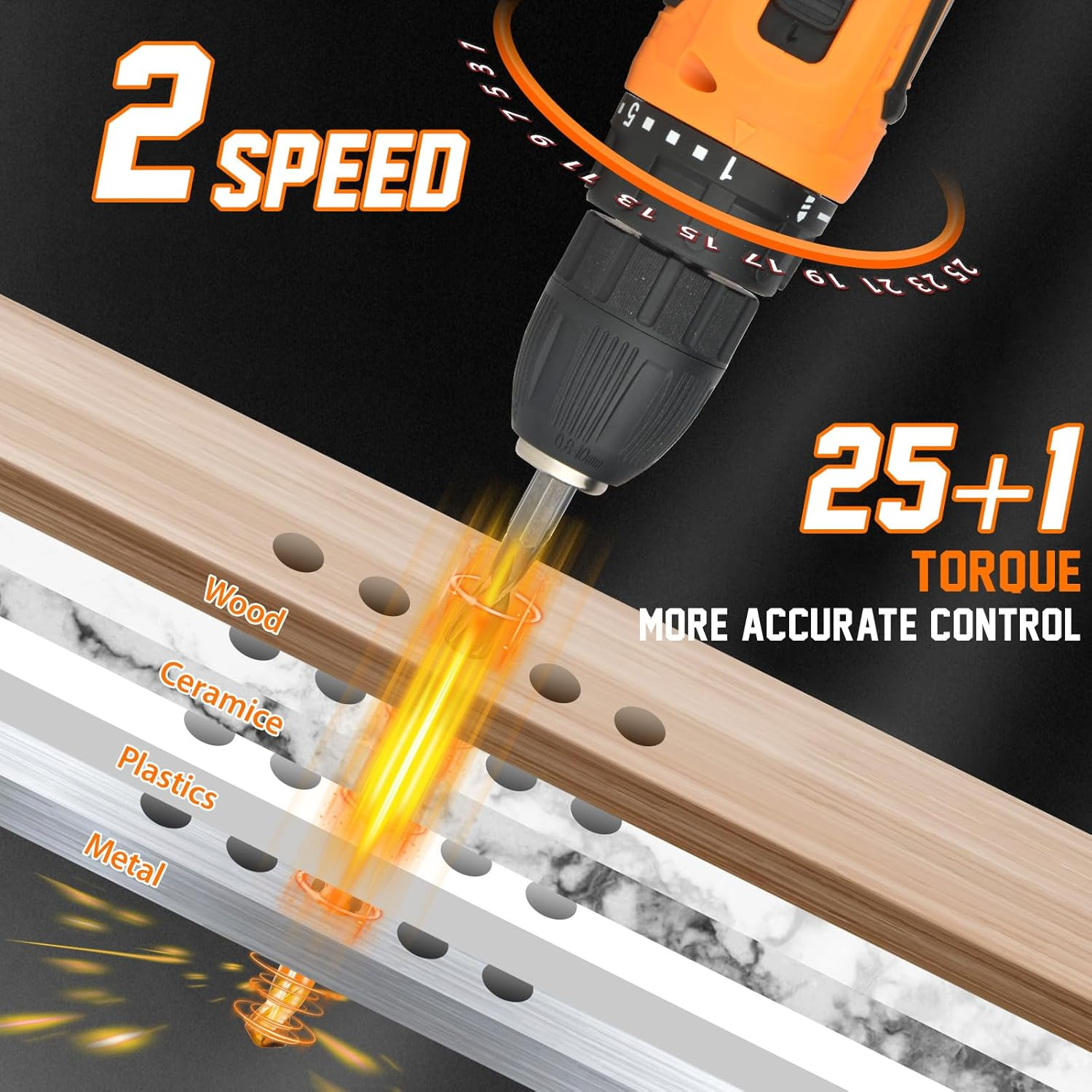 SHAVINGFUN Cordless Drill Driver,Electric Screwdriver Set with 2 Batteries 2.0Ah, 25+3 Torque, 24PCS Drill Bits, 2 Speed, LED Light for DIY Project - 45N.M Max Electric Screwdriver Drill Kit