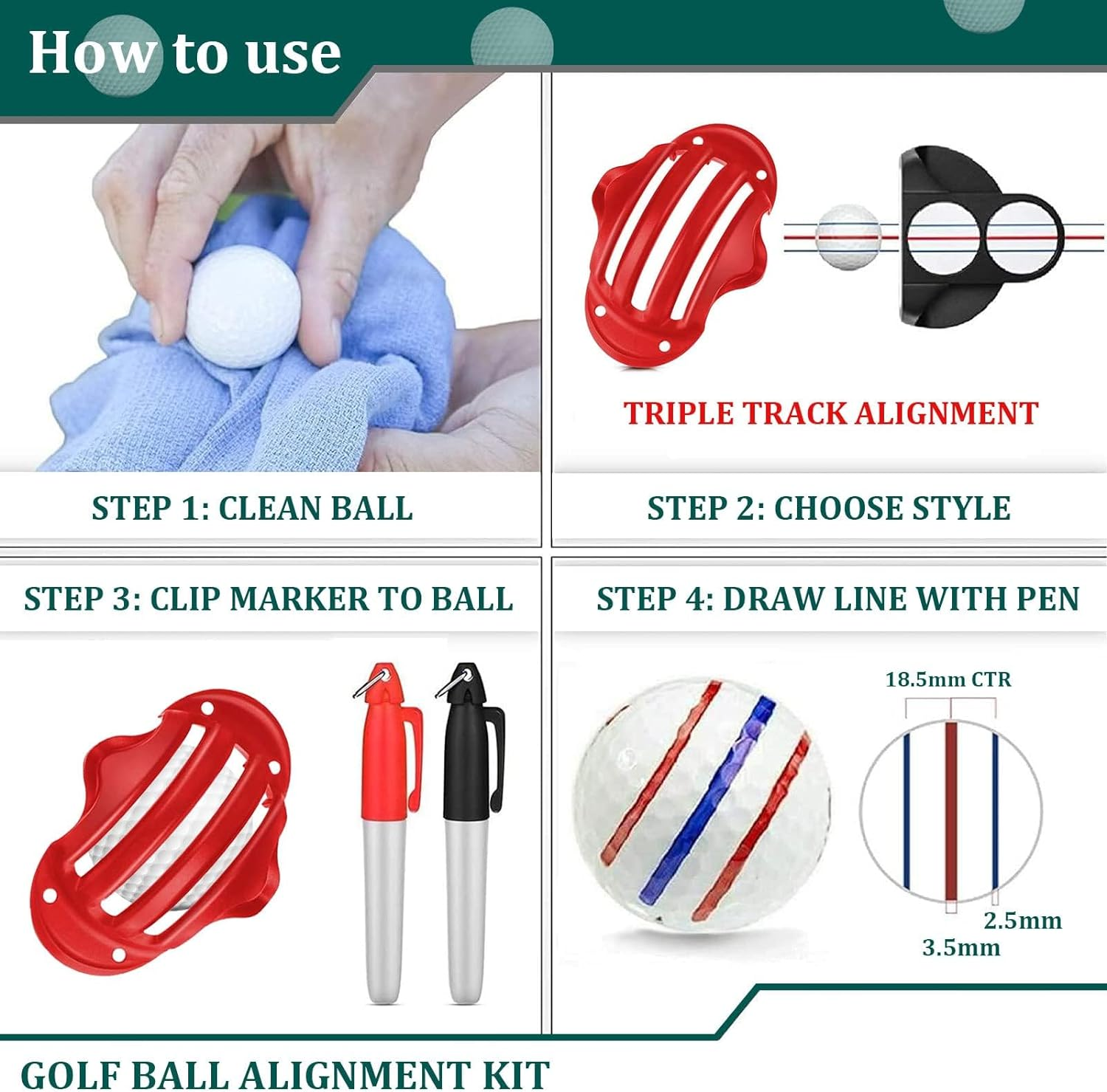 Golf Ball Line Marker Tool, 9 Pcs Golf Ball Marker Alignment Kit, 5 Golf Ball Marking Stencils and 4 Colors Golf Ball Markers for Better Beginning Golf Ball Training image number 1