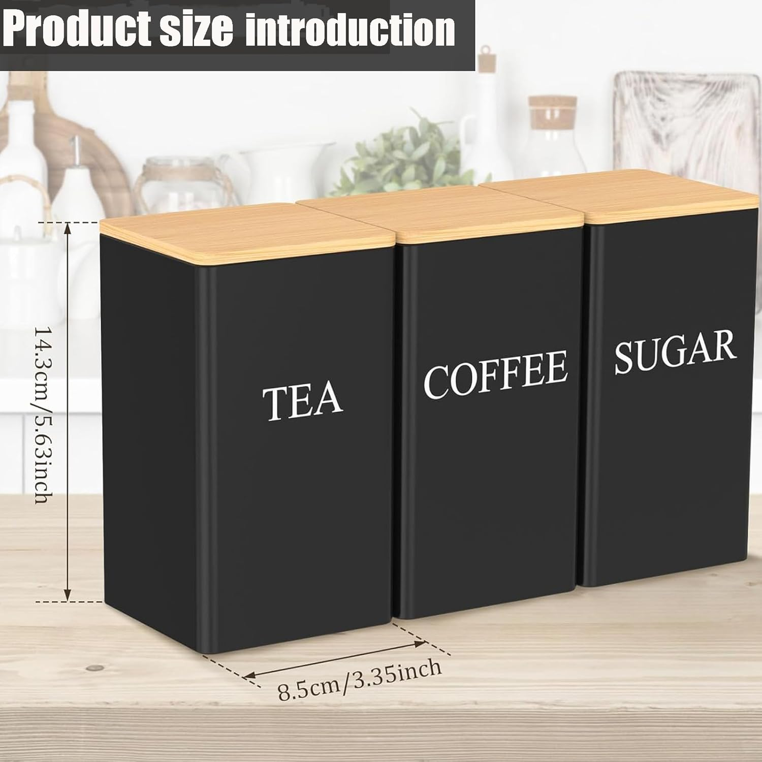 Alerrawia Tea Coffee Sugar Canister 1000 Ml Metal Coffee Tea Sugar Container with Airtight Bamboo Lid and Name Marker Food Storage Containers Jars for Coffee Sugar Tea Black Container Sets image number 2