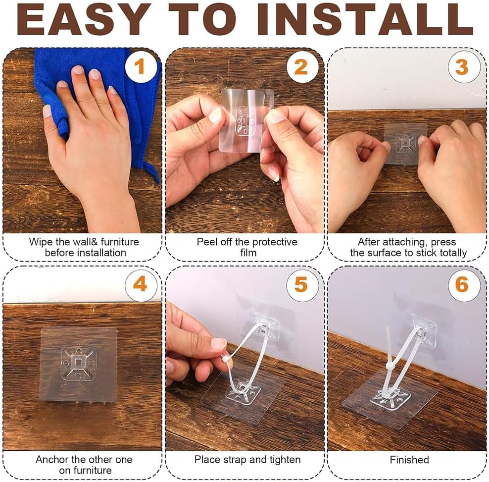 25 Pcs Furniture Anchors No Drill for Baby Proofing, Furniture Wall Anchor Straps, Self-Adhesive Secure Cabinet Safety Wall Anchors, anti Tip Furniture Safety, Anchors with 25 Pcs Nylon Straps Prevent Falling for Child Safety image number 3