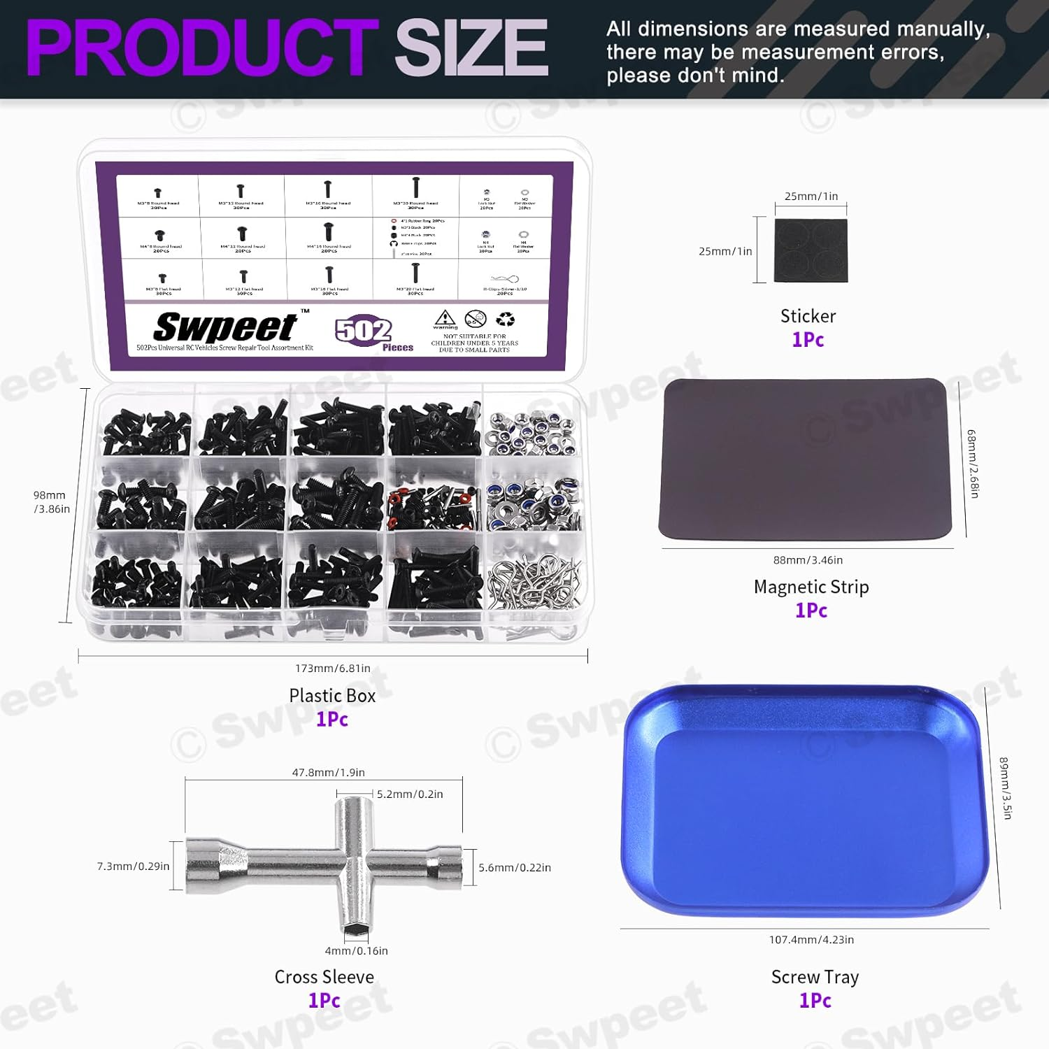 Swpeet 502Pcs Universal RC Screw Kit Screws Assortment Set, Hardware Fasteners Compatible with 1/8 1/10 1/12 1/16 Scale RC Cars, Includes M3&M4 Screws(Flat, round Head, Hex Drive), Flat Washers, Pins image number 4