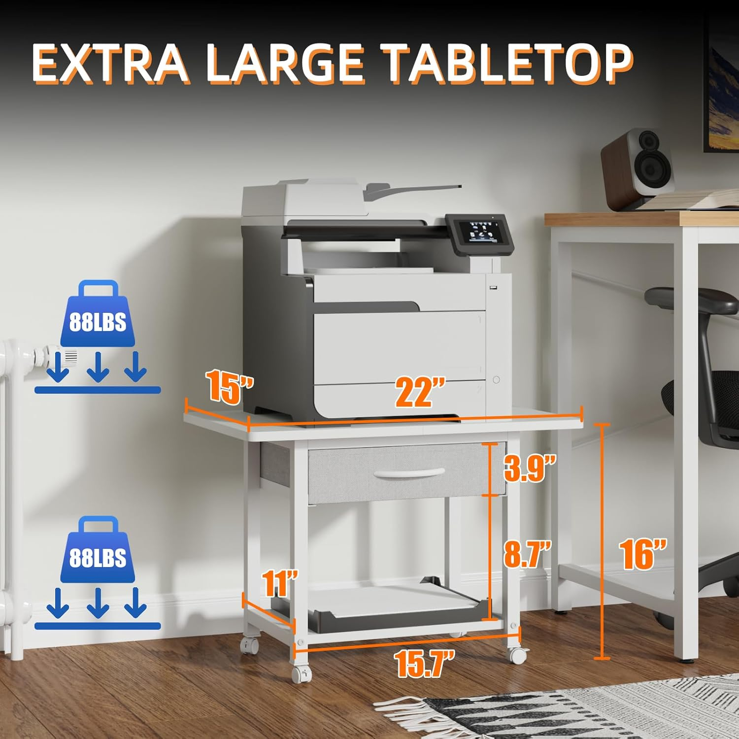 YAOHUOO 22"X15" Large Printer Stand with Storage Drawer, 2-Tier under Desk Printer Table for Home Office, Printer Cart Fit Fax Machine/3D Printer/Scanner(White) image number 7