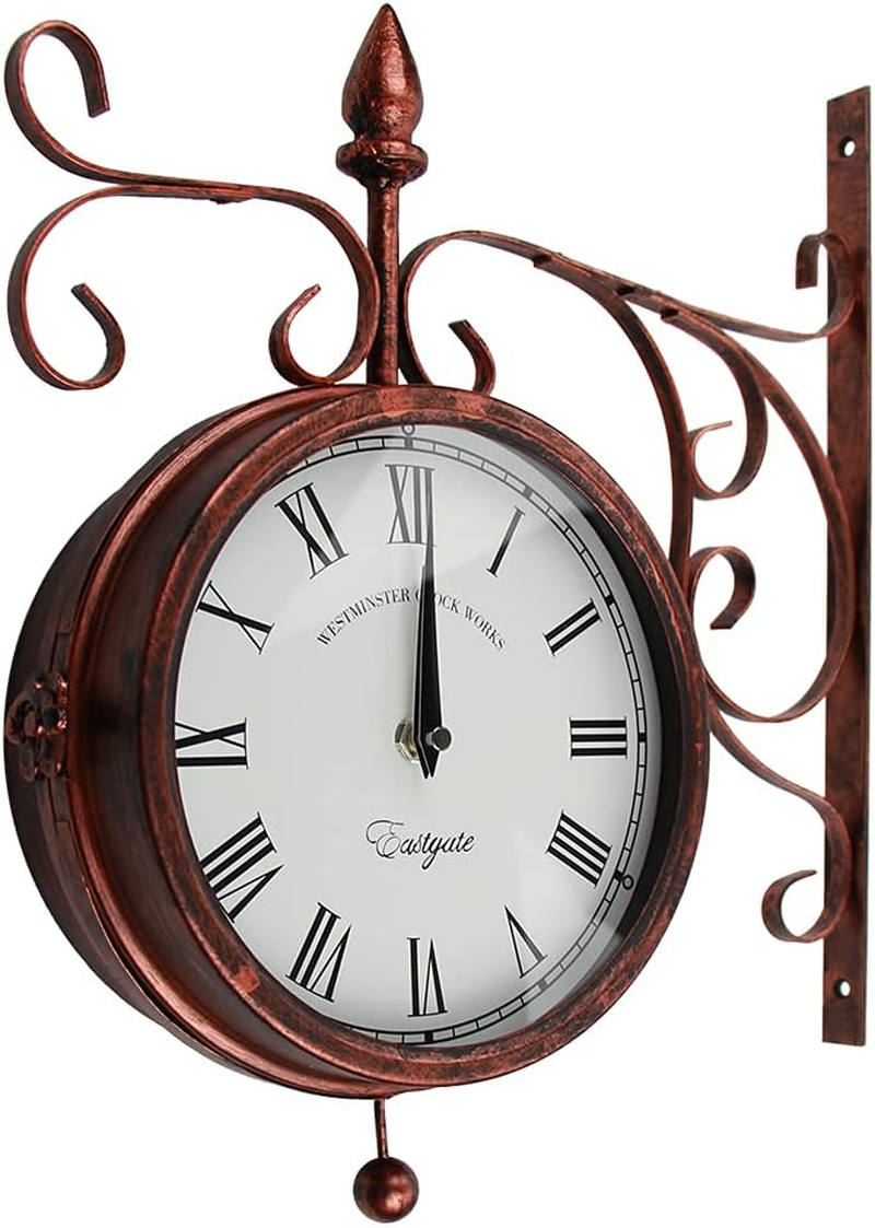 Wrought Iron Antique-Look Brown round Wall Hanging Double Sided Two Faces Retro Station Clock round Chandelier Wall Hanging Clock with Scroll Wall Side Mount Home D&eacute;cor Wall Clock (Black+White)